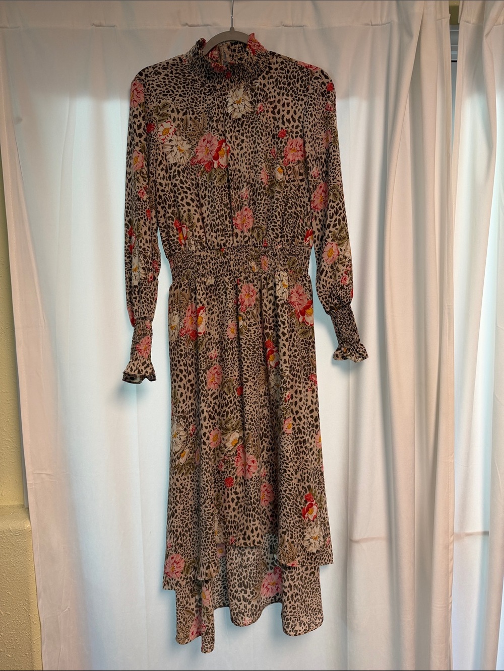 Nanette Floral Leopard Print Midi Dress in Beige and Pink